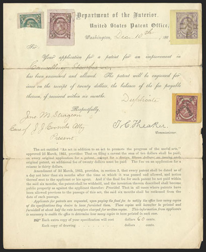 John M. Sturgeon patent application, three-page application by Sturgeon for a mode of Cancelling Stamps dated Nov. 5th, 1867, on the third page are four essays affixed,
including one in dark carmine with Cancelled diagonally, one in a dul