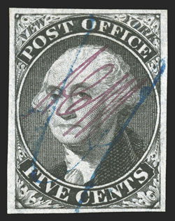 9X1, New York, N.Y., 5c Black Postmaster Provisional, signed ACM connected, a remarkably choice used example, featuring exceptionally large balanced margins all around, strong
color and impression on bright paper, light and unobtrusive blue ms.c