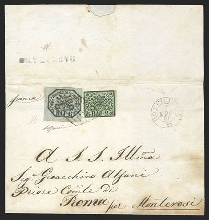 Italy - Roman States substantial specialized collection housed in two albums and a stockbook, comprising about 800 stamps and 130 covers, much of the value and emphasis is on
the 1852 Issue, but there is also useful representation of the 1867 Imp