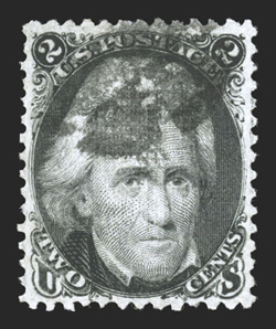 85B, 2c Black, Z grill, much better centering and larger margins than typically found on this stamp, deep color, light cork cancel, partly reperforated at top left and a faint
scoring line at bottom left, extremely fine appearance clear 2000