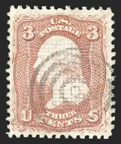 85C, 3c Rose, Z grill, used, well centered and margined, especially when compared to the existing population of Three Cent Z Grills, bright color and a clean impression, light
target cancel, very fine a rather attractive example of this ver