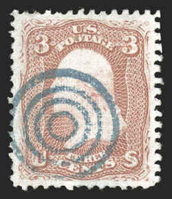 88, 3c Rose, E grill, exceedingly well centered within large margins, lovely rich color and a clean impression, full blue target cancel, extremely fine and uncommonly choice
2009 PSE certificate.