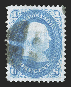 92, 1c Blue, F grill, exceedingly well centered amid uncharacteristically large margins, strong rich color and a crisp impression, quartered cork cancel, minute corner
perforation crease otherwise extremely fine clear 1990 PF certificate and