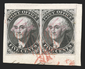 9X1, New York, N.Y., 5c Black Postmaster Provisional, signed ACM connected, seldom seen horizontal pair, on piece where it was lifted and hinged back into place, full to mostly
large margins all around, small margin nick at right, bright color a