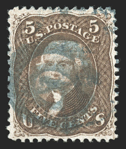 95, 5c Brown, F grill, exceptionally well centered for this difficult stamp, deep rich color and a highly detailed impression, blue cancel, extremely fine 2000 and 2006 PF
certificates.