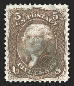 95, 5c Brown, F grill, used, incredibly well centered within large margins, which are most uncharacteristic of this stamp, lovely rich color and a detailed impression, light
cork cancel, extremely fine and choice 1996 PSE certificate.