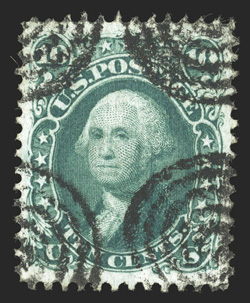 96, 10c Yellow green, F grill, used, excellent centering within extravagantly large margins, strong color in a nice rich shade (possible blue green), target cancels in all four
corners, extremely fine 1988 PF certificate.
