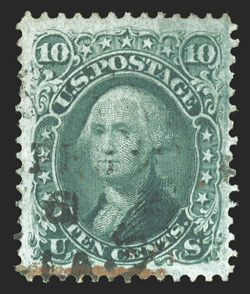 96, 10c Yellow green, F grill, an exceptionally choice used single, very well centered within lavishly large margins, impressive rich color and a crisp impression, light c.d.s.
cancel as well as a bit of a red transit pmk., extremely fine gem