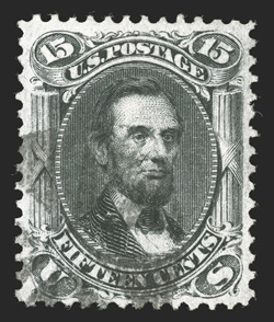 98, 15c Black, F grill, premium used example that features large and wonderfully well balanced margins all around, uncommonly bright and fresh, light segmented cork cancel,
extremely fine 1989 PF certificate.