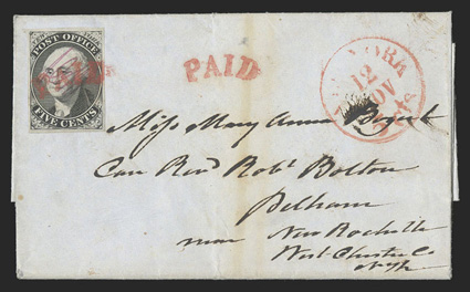 9X1, New York, N.Y., 5c Black Postmaster Provisional, signed ACM connected, single with four large margins tied by red Paid handstamp on folded letter datelined 1846 to Pelham,
N.Y., second red Paid and New York5cts alongside, cover with