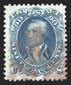 101, 90c Blue, F grill, pretty used example of this scarce high value, well centered within large margins, deep intense color and an excellent impression on bright white paper,
red cancel, very fine 2010 PF certificate.