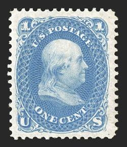 102, 1c Blue re-issue, particularly fresh and attractive mint single, strong characteristic color and a razor-sharp impression on clean white paper, well centered amid large
margins, full clean o.g., very lightly hinged, choice very fine only 3