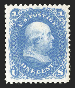 102, 1c Blue re-issue, well centered within large margins, bright and fresh, scissor separated at left, full o.g., lightly hinged, very fine photocopy of a 1968 PF certificate,
this being the bottom left stamp.
