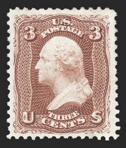 104, 3c Brown red re-issue, well centered within large margins, rich re-issue color and impression, full o.g., lightly hinged, very fine a rather attractive example of this
rare re-issue only 465 sold 1985 PF certificate.