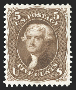 105, 5c Brown re-issue, handsome mint example of this rare stamp, quite well centered within large margins, brilliantly rich color and a strong re-issue impression, full o.g.,
choice very fine only 672 sold 1994 PF certificate.