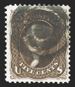 105, 5c Brown re-issue, nicely centered within exceedingly large margins, stunning deep color and a superbly detailed impression, target cancel, very fine an extraordinarily
rare stamp, as only a tiny fraction of the 672 were ever used, and of