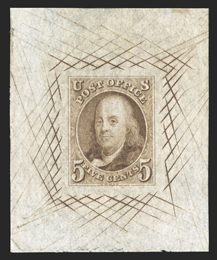 1P1a, 5c Red brown, large die proof on white bond, another large size example, measuring 42x52mm with nearly full cross-hatching, extremely fine.