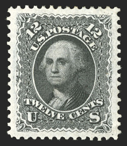 107, 12c Black re-issue, an incomparable mint example of this rare re-issue, being perfectly centered within extraordinarily large margins, strikingly intense jet black color
and a superbly detailed impression, full o.g., relatively lightly hi