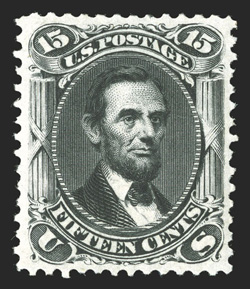 108, 15c Black re-issue, exceptionally well centered and margined, deep color and a prooflike impression on pristine white paper, full o.g., lightly hinged, extremely fine a
highly select mint example of this re-issue rarity only 397 sold 197