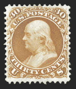 110, 30c Brownish orange re-issue, unused, strong color and impression, short perf. at right, otherwise a fine example of this rare re-issue.