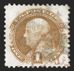 112, 1c Buff, a most impressive jumbo-margined used example, boasting enormously large margins all around and being wonderfully well centered within them, deep rich color,
lovely red c.d.s. in addition to a light black cork cancel, extremely
