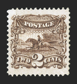 113, 2c Brown, a breathtaking jumbo-margined mint example, boasting margins of massive size and being incredibly well centered within them, deep luxuriant color, full o.g.,
lightly hinged, extremely fine gem a stamp that possesses extraordinary