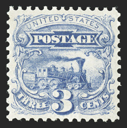 114, 3c Ultramarine, an impressive mint example, being in a post office fresh state of preservation, plus it is wonderfully well centered amid generous balanced margins, lovely
bright color on crisp clean paper, immaculate o.g., n.h., extremely