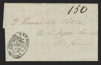 U-S Naval Lyceum, beautiful highly detailed strike of this oval ship illustrated handstamp, which was used as a forwarding marking by the U.S. Navy in Brooklyn, N.Y. (Rowe rarity
7), cover datelined Kingston (Jamaica), May 26, 1845 and addresse