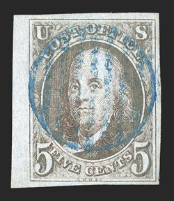 1, 5c Red brown, a magnificent quality used example, with huge margins all around, including a sheet margin at left measuring 2½mm, exceedingly bright shade and a sharp detailed
impression from the cleaned plate, stunning central strike of a