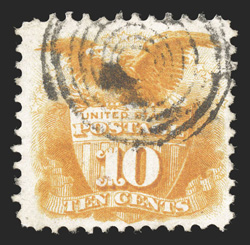 116, 10c Yellow, cancelled solely by a rare seven-ring Canadian target pmk., stamp is well centered within large margins, bright color, very fine an exceptionally rare cancel
on the 1869 Issue 2008 PF certificate.