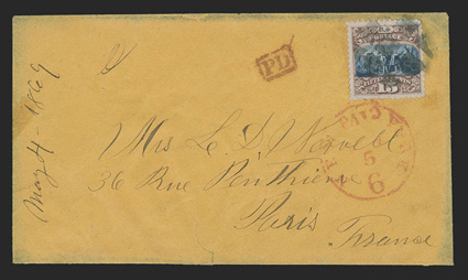 118, 15c Brown and blue, Ty. I, an incredibly well centered single with oversized margins all around, tied by light segmented cork cancel to buff cover to Paris, France, red
New YorkPaid 6May 5 datestamp and red boxed PD applied upon arriv