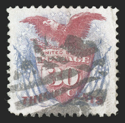 121, 30c Blue and carmine, used, exceedingly well centered within uncommonly large margins, strong colors, segmented cork cancel, extremely fine 1999 and 2008 PSE
certificates.