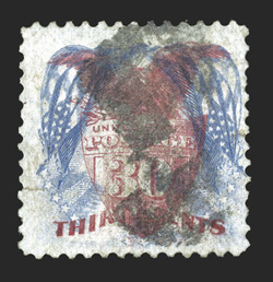 121b, 30c Blue and carmine, Flags Inverted, a handsome appearing example of this important rarity, quite well centered within large margins, warm rich colors, neat portion of a
segmented cork cancel, small closed tear at left (certificate errone