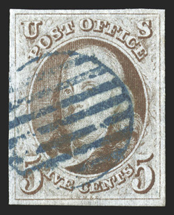 1, 5c Red brown, select used single, uniformly large margins all around, fresh color on crisp clean paper, blue grid cancel, extremely fine 2006 PF certificate.