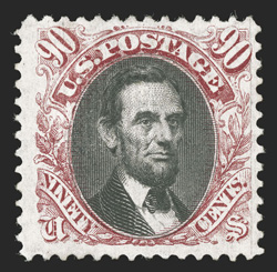 122, 90c Carmine and black, a highly desirable mint example of this rare high value, wonderfully bright and fresh, well centered within large margins, full o.g., lightly
hinged, very fine almost never encountered this fresh, completely sound an