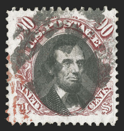 122, 90c Carmine and black, used, nicely centered within lavishly large margins which are most uncharacteristic of this high value, bright colors, segmented cork cancel and a
small part of a red transit pmk., very fine 1997 PF and 2008 PSE cert