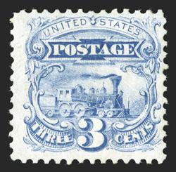 125, 3c Blue re-issue, lovely bright color on especially clean paper, full o.g., nearly very fine only 1,406 sold.