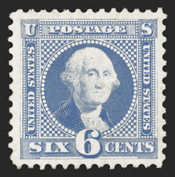 126, 6c Blue re-issue, an especially desirable mint example of this very scarce and difficult value, wonderfully bright and fresh, excellent centering within
uncharacteristically large margins, full and intact perforations all around, full o.g.