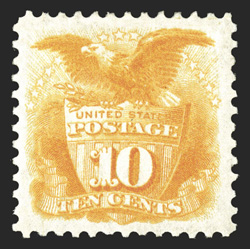127, 10c Yellow re-issue, an outstanding quality mint example of this rare and popular re-issue, possessing magnificent centering amid very large and well balanced margins,
plus its color is uncommonly intense and vibrant, full o.g., lightly hin