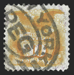 127, 10c Yellow re-issue, a premium quality used example of this very scarce stamp, which is found used with far less frequency than mint, marvelously well centered, deep rich
color, bold double oval New York registry postmark distinctive of the