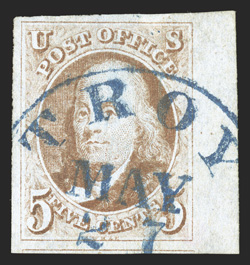 1, 5c Red brown, right sheet-margin single, with the other three margins also being quite large, attractive color in a bright shade, crisp blue Troy c.d.s., faint crease,
otherwise extremely fine.