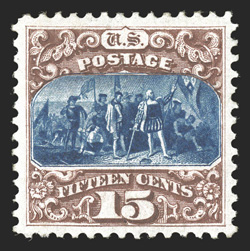 129, 15c Brown and blue re-issue, Ty. III, a striking mint example which features incredibly intense colors in deep shades, plus its impressions are especially detailed on
fresh paper, exceedingly well centered and margined, full o.g., lightly h
