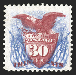 131, 30c Blue and carmine re-issue, rich vibrant colors and strong impressions, full o.g., nearly very fine only 1,535 sold 1988 PF certificate.