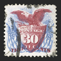 131, 30c Blue and carmine re-issue, used, well centered within large margins, strong rich colors and unusually sharp impressions, cancel leaves the design clearly visible, a
very fine and quite choice example of this re-issue, which is particula