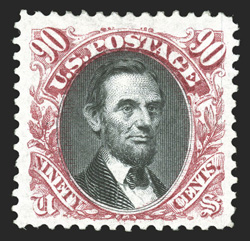 132, 90c Carmine and black re-issue, well centered within exceptionally large margins, brilliantly rich colors and crisp impression on fresh white paper, o.g., a very fine and
desirable example of this popular re-issue high value 1991 PF certif