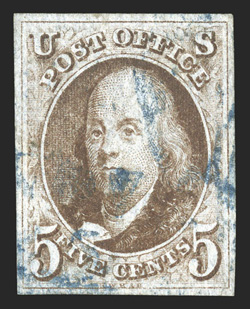 1, 5c Red brown, used, full margins all around, rich color and a fine impression, light blue cancel, barest trace of a paper bendcrease at top, otherwise very fine clear 1985 PF
certificate.