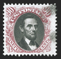 132, 90c Carmine and black re-issue, a rarely seen used example, well centered within large to huge margins, bright colors and strong impressions on fresh white paper, light
and completely face-free cancel, very fine 2008 PSE certificate.