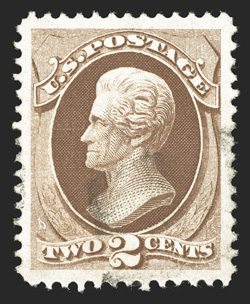 135, 2c Red brown with grill, striking used example, wonderfully well centered amid remarkably large margins all around, rich bright color, unusually light and unobtrusive
cancel, well defined H grill, extremely fine jumbo 2009 PF certificate