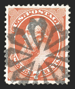 138, 7c Vermilion with grill, attractive used example that is very well centered within large margins, brilliant color, beautifully cancelled by a large fancy rosette,
extremely fine 1988 PF certificate.