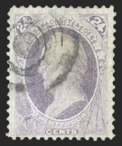 142, 24c Purple with grill, bright color for this rarity, light target cancel, strong grill, trivial corner perf. crease, small stain spot on back just shows through at left
(not mentioned on the accompanying certificate), fine appearance 1979